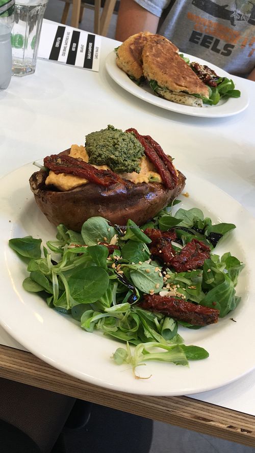 roasted sweet potato with hummus, pesto, rocket and sundered tomatoes - WOW!!! at Picnic in Glasgow
