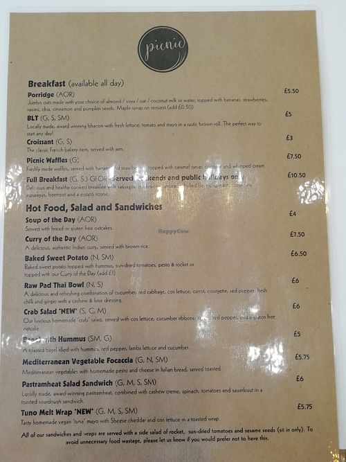 Menu at Picnic in Glasgow