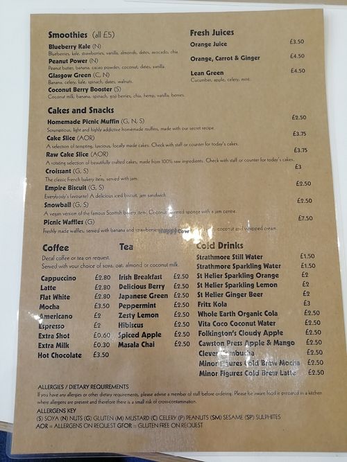 Menu at Picnic in Glasgow