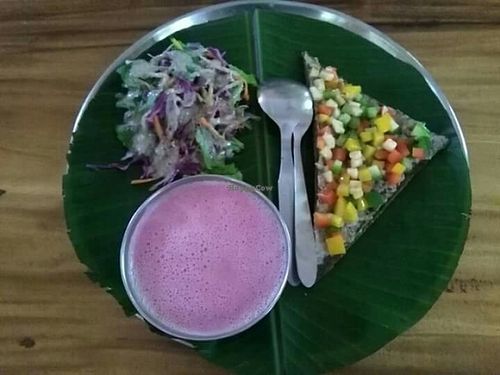 really beautiful and good beet soup, salad and raw pizza at Auroville Raw Food Centre in Auroville