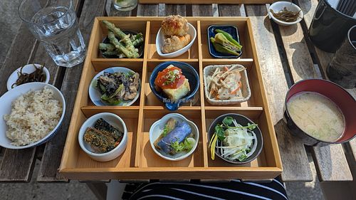 Vegan Lunch Bento with brown rice and miso soup at Eat Bar & Patio Haraneri in Vancouver