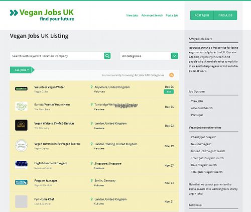 Screen shot of Vegan Jobs UK online jobs board for vegans at Vegan Jobs UK in East London
