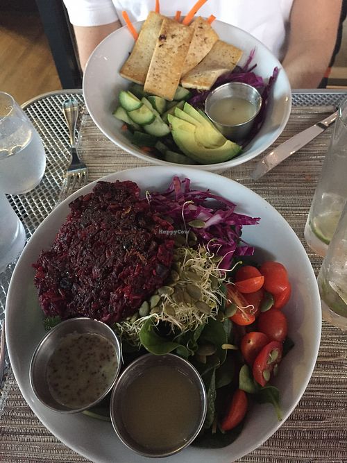 Salad bowl with beat burger, quinoa bowl with tofu  at Namastay Kitchen in Charlotte