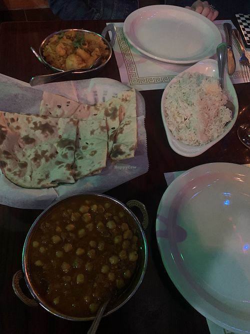 Channa Masala, Aloo Gobi, Bread and ricee  at Cafe India in Milwaukee