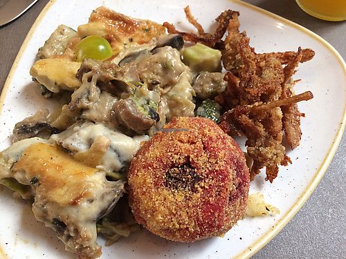 lasagna, beet root ball and mushroom fritters  at Nordvegan in Oslo