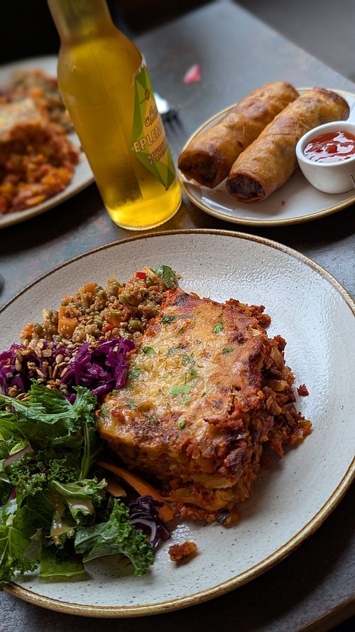 Lasagne and a couple of spring rolls at Nordvegan in Oslo