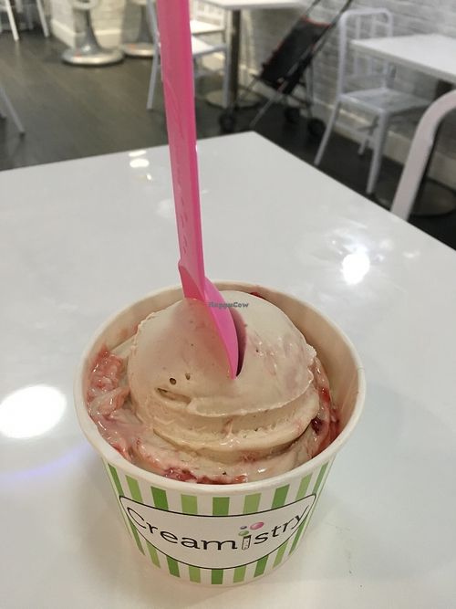 Coconut base ice cream, Cookie Butter flavor, with Strawberry Sundae sauce topping at Creamistry in Scottsdale