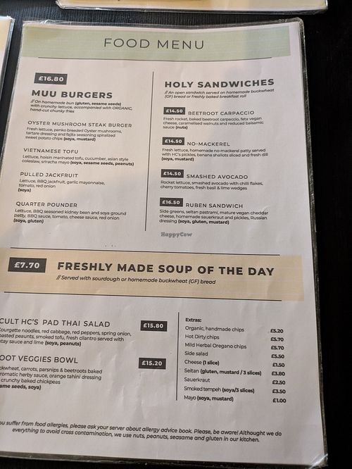 Menu at Holy Cow in Edinburgh