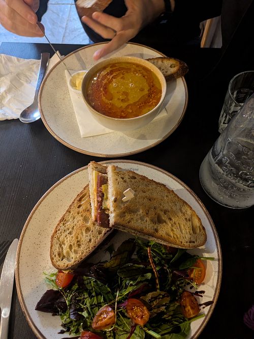 Reuben sandwich and lentil soup at Holy Cow in Edinburgh