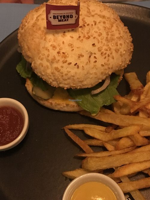 Beyond Meat burger and chips at Lime Bistro in Athens