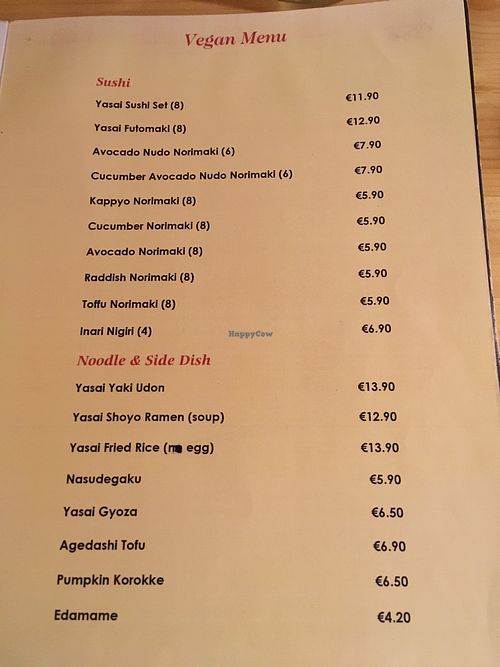 vegan menu  at Taikichi in Limerick
