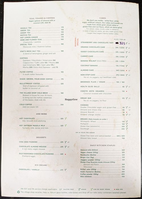 Back of menu at The Village Shop at The Village Shop in Mumbai