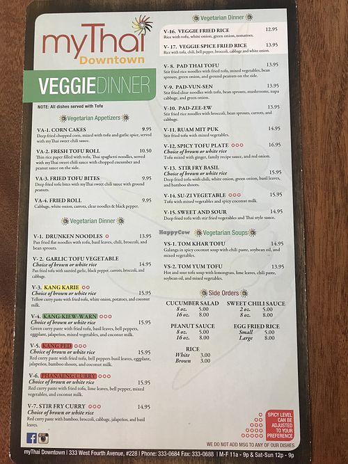 Veg dinner menu at MyThai in Anchorage