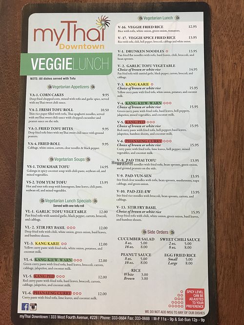 Veg lunch menu at MyThai in Anchorage