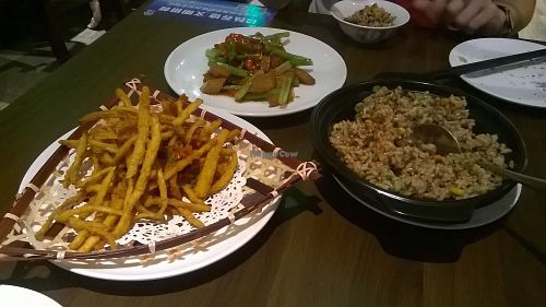 Tea Tree Mushrooms Yu Mountain Style, veggie chicken with ginger and rice with veggie meat Jiayi style. at Super Vegan - Xujiahui in Shanghai