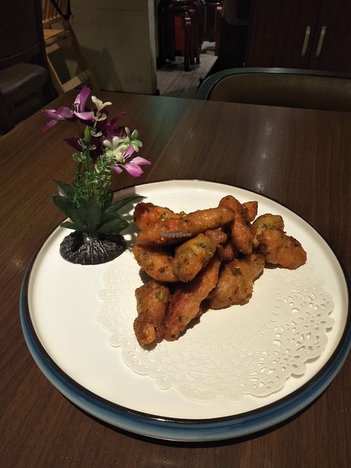 Vegan shrimp. Didn't taste too fishy, in fact hardly fishy at all which is a plus for my taste. Just a very tasty batter like tempura. at Super Vegan - Xujiahui in Shanghai