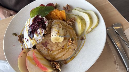 Pancakes with fruit  at The Origin in Christchurch