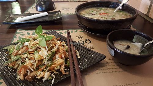 Chao Ngo (chao an kem gio) Combo: rice porridge (chao) with salad (gio) at Ngo Vegetarian in Ho Chi Minh City