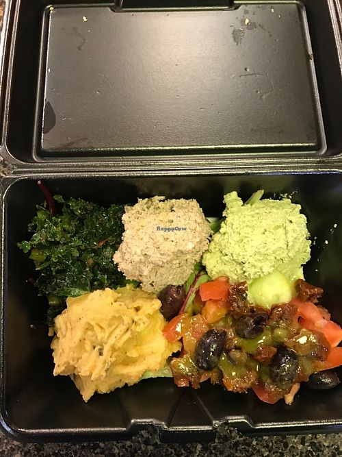 Raw Greens, Walnut(Mock Chicken) Salad, Sunflower, Pumpkin Seed Pate' Super Greens Salad & Asian Potato Salad at Ka's Kafe in Upper Darby