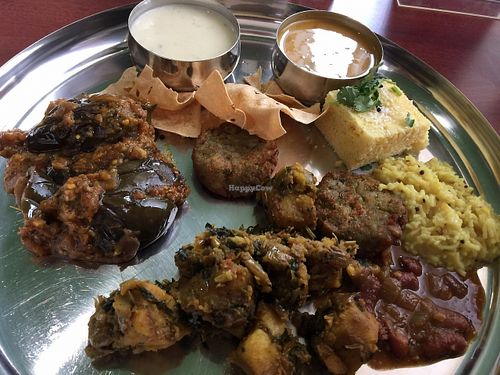 You get a big platter to gather your buffet food. The eggplant and potato dishes were especially good. So were the soups. at Thali in Pleasanton