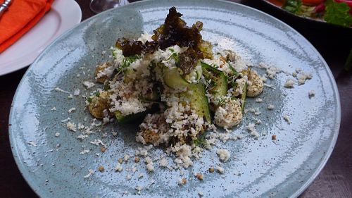 Cucumber, horseradish, deep-fried seaweed and buckwheat at Vaxthuset in Stockholm