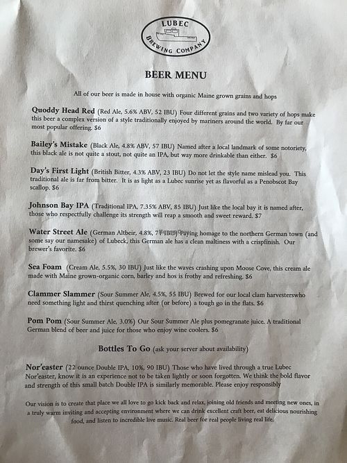 Beer menu at Lubec Brewing Company Tap Room in Lubec