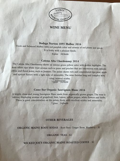 Wine menu at Lubec Brewing Company Tap Room in Lubec