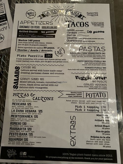 Menu  at La Rana Vegana in Cabo San Lucas