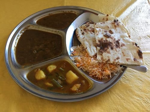 Vegan thali (lentil curry, potato and green bean curry, rice and unbuttered naan) at Om Vegetarian - Spencer St in West Melbourne