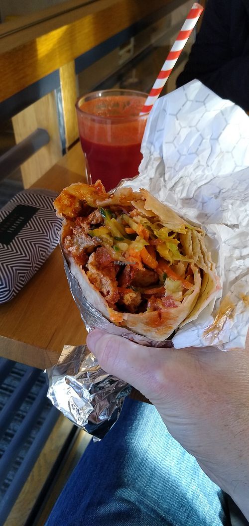 Chilli Tofu wrap with Carrot, Beetroot and Ginger Smoothie at Ahimsa The Vegan Cafe in North West London