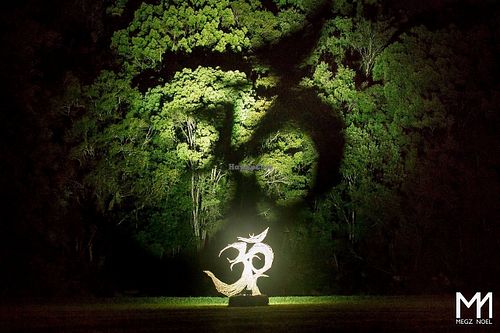 The iconic 'Om' sculpture by the creek. at Paradise One Retreat in Coorabell