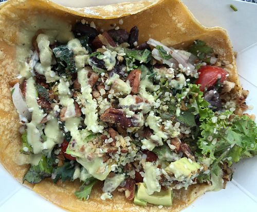 vegan black bean tacos with cilantro sauce at Lucy's Market in Soldotna