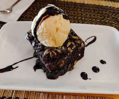 Chocolate Brownie with vanilla ice cream at Vegan Heaven in Chiang Mai