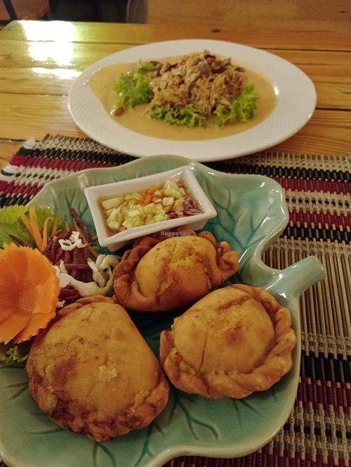 Samosas and banana blossom salad at Vegan Heaven in Chiang Mai