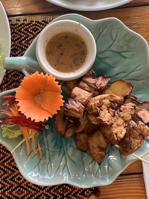 Mushroom satay w/ peanut sauce  at Vegan Heaven in Chiang Mai
