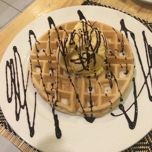 waffle with vanilla ice cream - they say it is made with coconut but it has no taste of coconut at Vegan Heaven in Chiang Mai