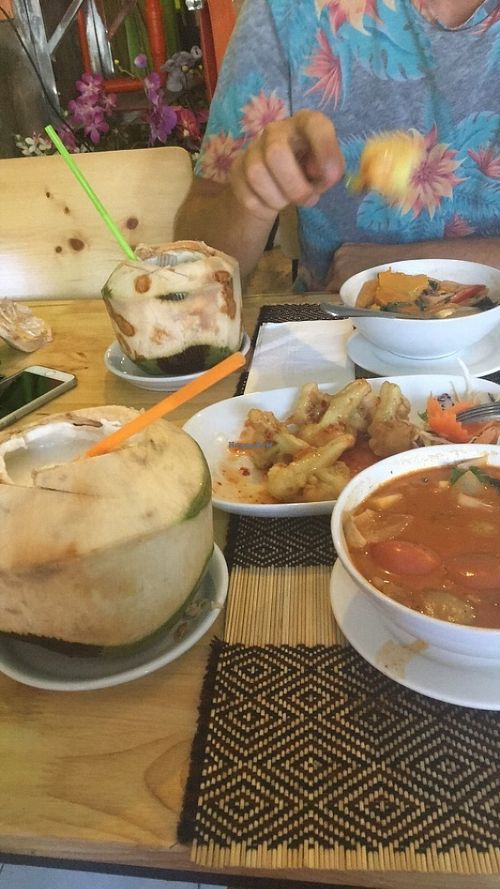 Cocnout smoothie, bbq cauliflower and tom yam spup at Vegan Heaven in Chiang Mai