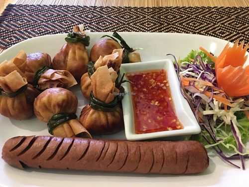 Money Bags PLUS Sausage starter at Vegan Heaven in Chiang Mai