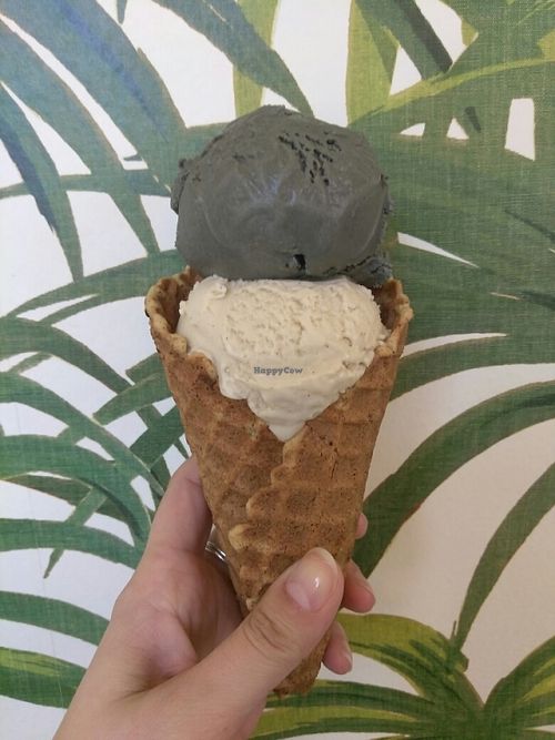 Salted Carmel and Brown Sugar Vanilla on a waffle cone  at Frankie & Jo's - Capitol Hill in Seattle