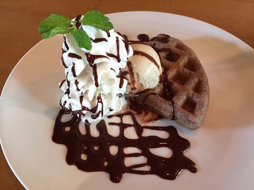 waffle, vanilla ice cream, chocolate sauce, and coconut whipped cream (all vegan) at Sayuri Healing Food in Ubud