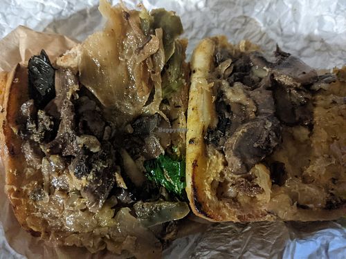 Delicious mushroom melt with lettuce, tomatoes. Good hot & cold at The Veg Hub in Oakland