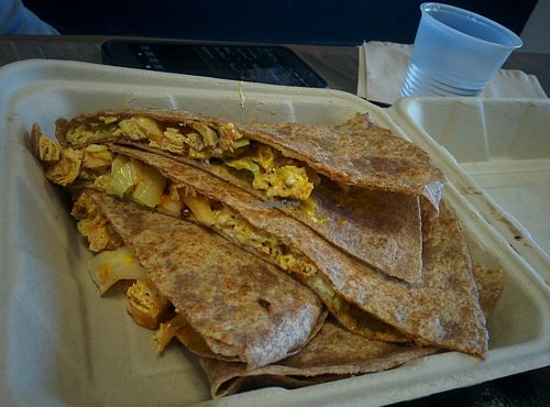 Steak classic quesadilla; vegan steak, onions, mushrooms, hub sauce at The Veg Hub in Oakland