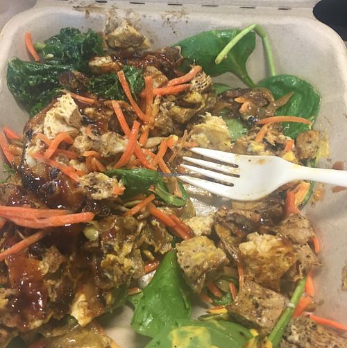 Philly Cheese steak and chicken on salad base at The Veg Hub in Oakland