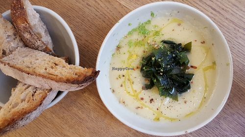 Soup of the day (celeriac, wakame and lime) at Mok in Brussels