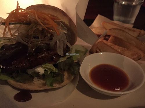 Vegan burger with teriyaki sauce at Rockers Cafe in Yomitan