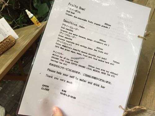 Menu (fruits bowl and smoothies) at Natural Cafe Niffera in Okinawa