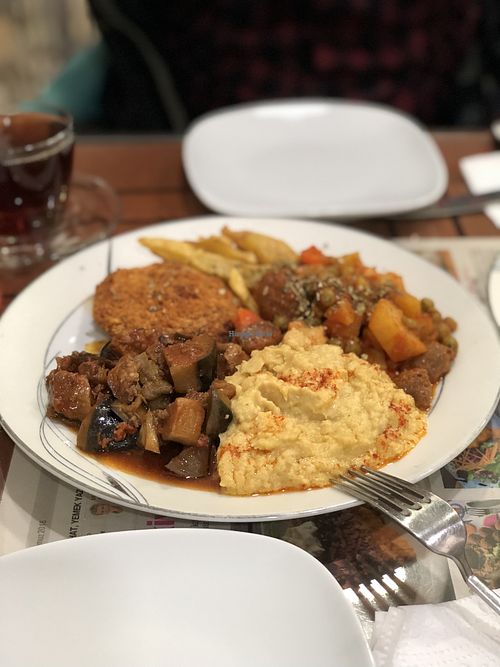 Another plate with hummus, potato and eggplants  at Vegan Istanbul in Istanbul