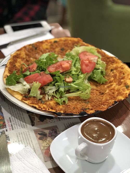 Lahmadjun and Turkish coffee at Vegan Istanbul in Istanbul