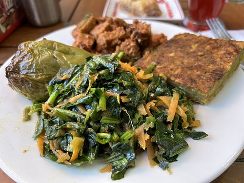 Four item plate + kombucha  at Vegan Istanbul in Istanbul