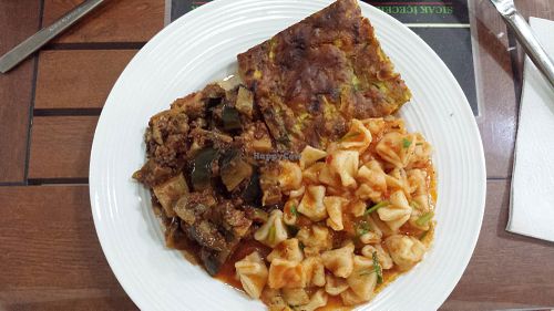 Zucchini pie, tomato pasta and eggplant with texturized soja at Vegan Istanbul in Istanbul